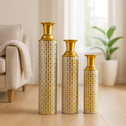 Leewadee Set of 3 Large Floor Vases – Decorative Tall Metal Vases in Gold White (30/24/20 inches) – Elegant Home Decor for Stylish Interiors