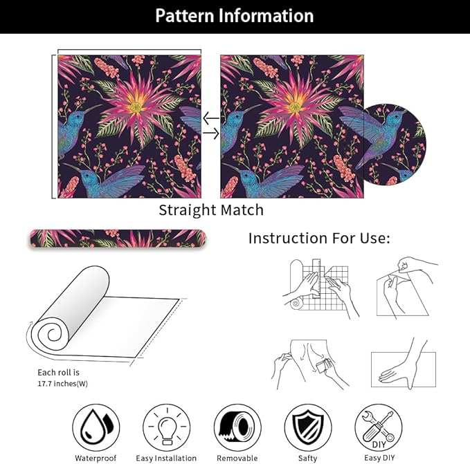 Abstract Black Pink Hummingbird Floral Peel and Stick Wallpaper Easy Peel Off Contact Paper Stick on Adhesive Wall Paper for Bathroom Waterproof Renter Friendly