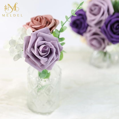 Meldel Artificial Flowers 50pcs Real Looking Purple Lilac Foam Fake Roses with Stems for DIY Wedding Bouquets Bridal Shower Centerpieces Floral Arrangements Home Decorations