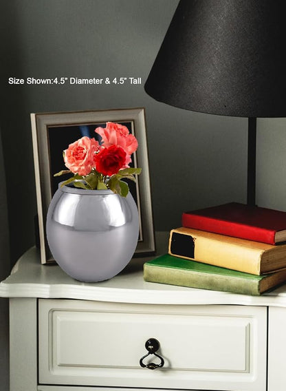 Serene Spaces Living Alerra Stainless Steel Vase, Round Modern Silver Flower Vase, Minimalist Metal Accent for Home, Office, Wedding, or Event Centerpieces, Ideal Gift, 4.5" Diameter & 4.5" Tall