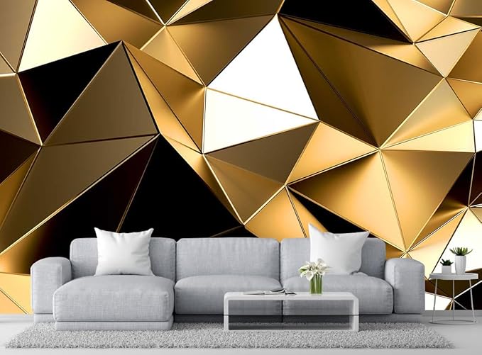 Golden 3D Geometric Lines Wallpaper for Large Walls, Sofa and TV Background