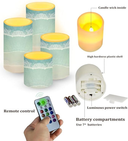 Flameless Flickering Candles with Remote Set of 2, Beach Light Blue, Color Changing Battery Operated LED Candles with Timer for Home Indoor Coastal Decoration