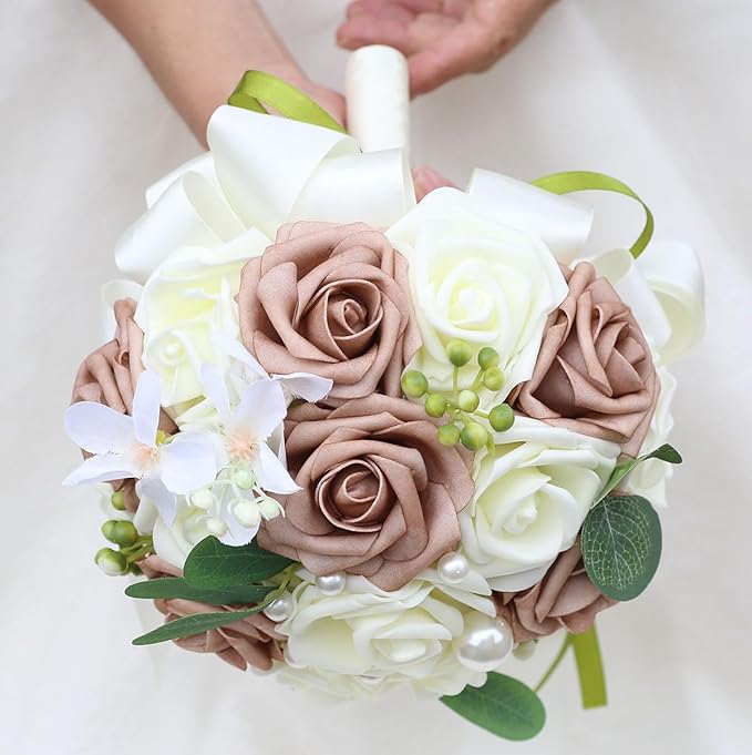 Lightweight Bridal Wedding Bouquet Round Holding Bouquet Throw Toss Artificial Rose Flower Bunch for Bride Bridesmaid Wedding Quinceanera (Cream & Rosy Brown, 9.1")