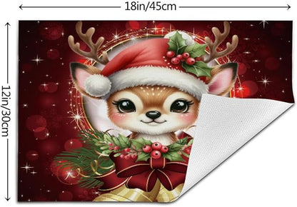 PVC Placemats Set of 6 Wipeable Table Mats Washable Heat Resistant Non Slip Vinyl Dining Table Mat for Kitchen Indoor Outdoor Patio Farmhouse Place Mats Red Christmas Bell Deer Decorative