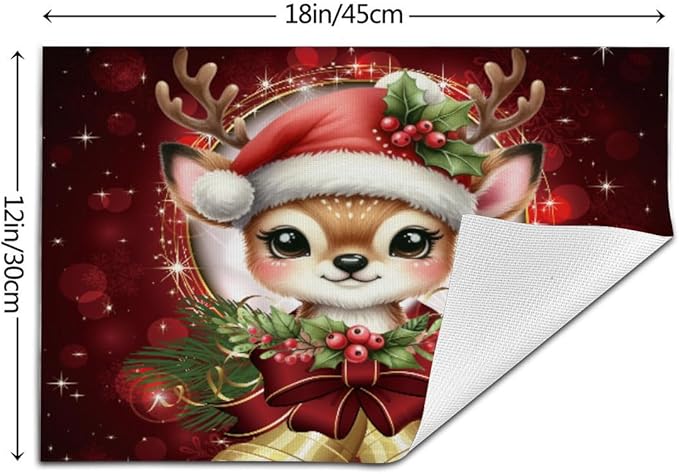 PVC Placemats Set of 1 Wipeable Table Mats Washable Heat Resistant Non Slip Vinyl Dining Table Mat for Kitchen Indoor Outdoor Patio Farmhouse Place Mats Red Christmas Bell Deer Decorative