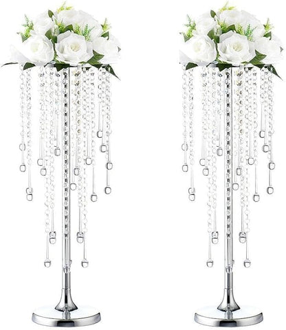 21.6in Wedding Center Stand, Silver Metal Flower Holders Centerpiece Vase with Crystal 2-Piece Charming Candle Holder,for Reception Tables Décor Wedding Anniversary Party Centerpieces