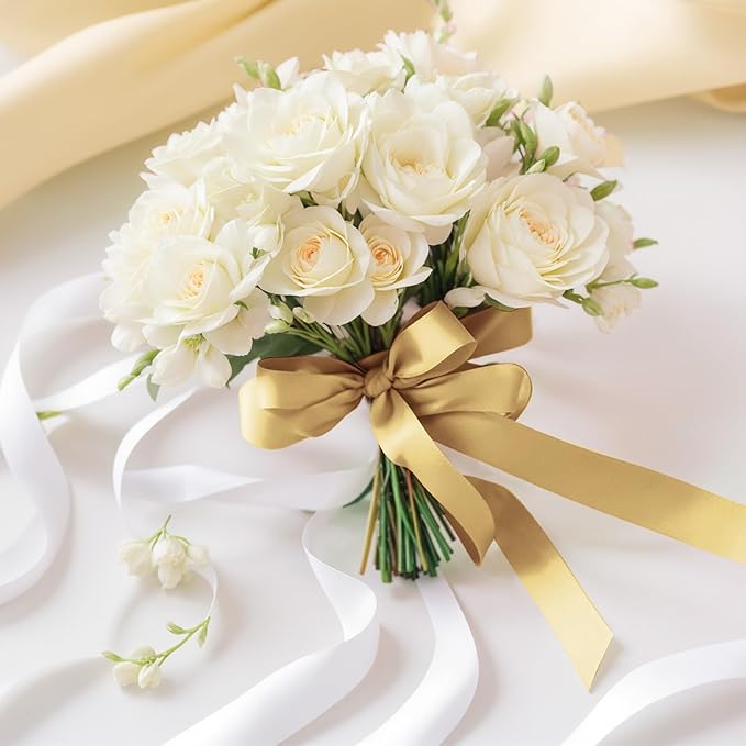Gold Ribbon 1-1/2 inch Champagne Gold Satin Fabric Ribbon 50 Yards for Crafts Wrapping Flower Bouquet Wedding Party Decoration