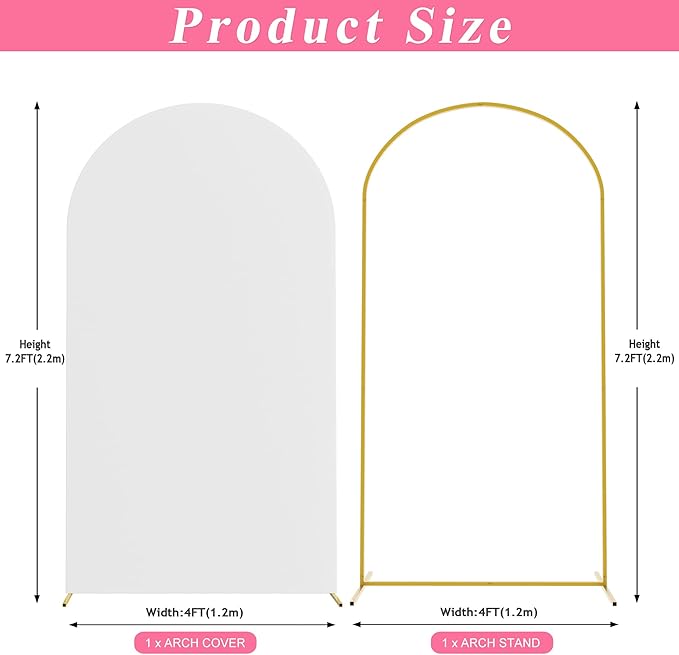 Putros 7.2ft Metal Arch Stand with Cover White Spandex Fitted Wedding Arch Cover and Round Top Chiara Backdrop Stand Set for Birthday Party Baby Shower Decoration