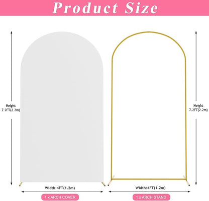 Putros 7.2ft Metal Arch Stand with Cover White Spandex Fitted Wedding Arch Cover and Round Top Chiara Backdrop Stand Set for Birthday Party Baby Shower Decoration