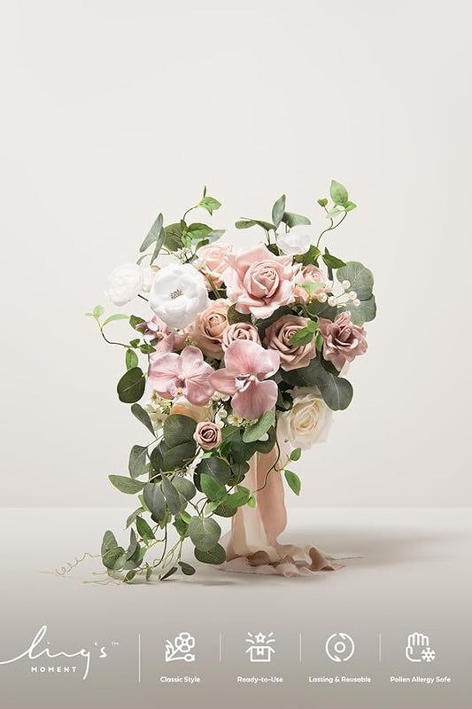 Ling's moment Pink Bridal Bouquet for Bride, Dusty Rose Wedding Bouquets for Bride, 15 Inch Wedding Artificial Flowers