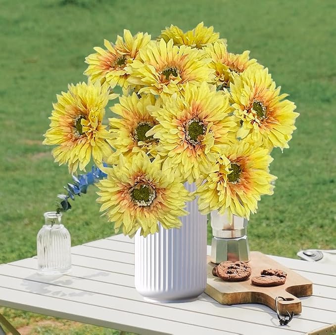 17.5'' Faux Gerbera Daisy Artificial Flowers,10 Pcs Silk Fake Daisies Flowers for Home Kitchen Living Room Bathroom Décor (10, Yellow)
