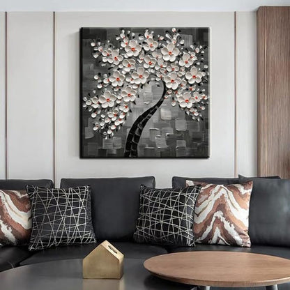 YaSheng Art- 3D White Flowers Oil Paintings on Canvas Thick Texture Black and White Canvas Wall Art HandPainted Abstract Artwork Home Decorations Modern bedroom Dining Room Wall Art Ready to Hang 24x24inch
