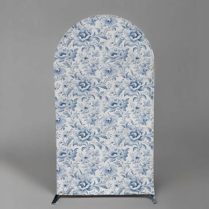 French Toile Arch Backdrop Cover Blue White Floral Baby Shower Birthday Party Elegant Vintage Theme Spandex Arch Stand Cover for Boys Newborn Celebration Tea Party Decor (G4260,5FT)