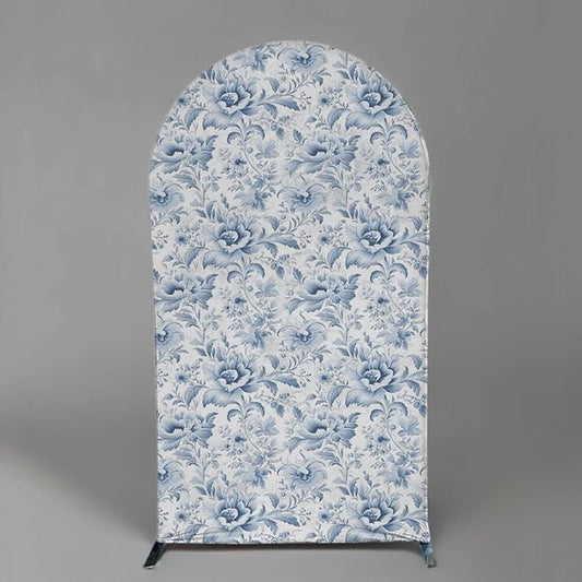 French Toile Arch Backdrop Cover Blue White Floral Baby Shower Birthday Party Elegant Vintage Theme Spandex Arch Stand Cover for Boys Newborn Celebration Tea Party Decor (G4260,5FT)
