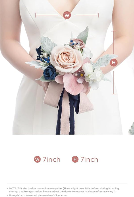 Ling's moment Artificial Flowers Dusty Rose & Navy Blue Bridesmaid Bouquet Set of 6, Wedding Flowers Bouquets for Bridesmaids, 7 Inch Bridal Bouquets for Bridesmaids, Wedding, Ceremony, etc