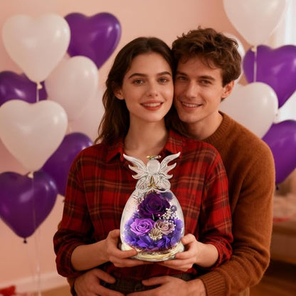 Purple Rose Christmas Gifts for Women, Forever Flower in Glass Fresh Flowers for Delivery, Preserved Rose Angel Figurine Decor for Mom, Grandma, Mother’s Day, Valentine’s Day, Birthday, Xmas Gift