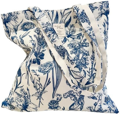 Cotton Canvas Tote Bag Reusable Soft Grocery Cloth Bag Floral Shoulder Bag for Beach Travel Shopping