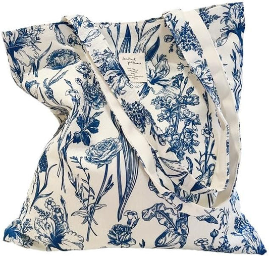 Cotton Canvas Tote Bag Reusable Soft Grocery Cloth Bag Floral Shoulder Bag for Beach Travel Shopping