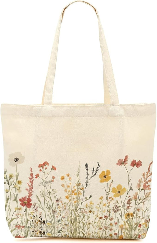 Aesthetic Floral Canvas Tote Bag for Women with Pocket, Tote Bags for Grocery Shopping Travel Christmas Birthday