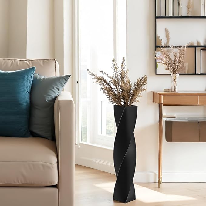 Tall Black Resin Floor Vase - 23.6 Inch Modern Square Twist Vases for Home Decor, Large Decorative Vase for Dried Flowers, Pampas Grass, Centerpiece - Matte Finish