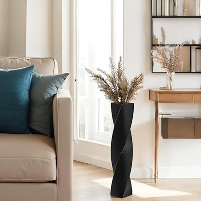 Tall Black Resin Floor Vase - 23.6 Inch Modern Square Twist Vases for Home Decor, Large Decorative Vase for Dried Flowers, Pampas Grass, Centerpiece - Matte Finish