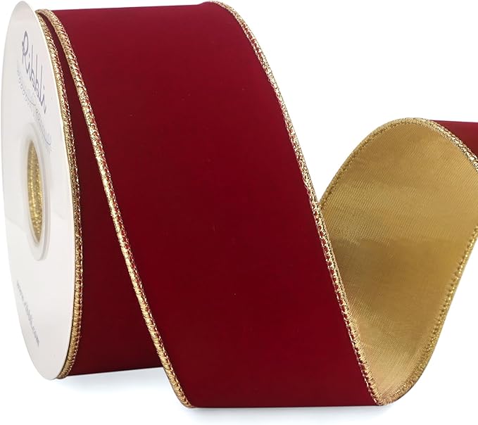 Ribbli Dark Red Velvet Wired Ribbon 2.5 Inch Luxury Matte Velvet Christmas Ribbon for Gift Wrapping Christmas Tree Decoration Crafts Wreaths Supplies - 10 Yards