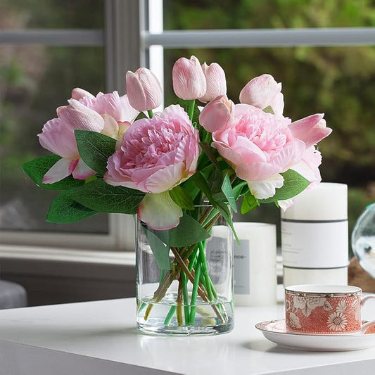 ENOVA FLORAL Artificial Flower Arrangement with Vase, Faux Flower in Vase, Mixed Artificial Real Touch Tulip and Fake Silk Peony Flower in Vase for Decoration Home Office Centerpiece (Pink)