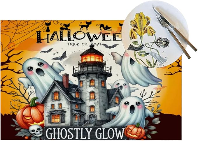 PVC Placemats Set of 1 Wipeable Table Mats Washable Heat Resistant Non Slip Vinyl Dining Table Mat for Kitchen Indoor Outdoor Patio Farmhouse Place Mats Black Halloween Castle Decorative