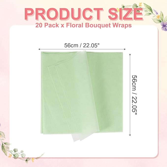 YELARXI Flower Wrapping Paper, Cotton Wrapping Flower Paper, Non-Woven Waterproof Floral Bouquet Wraps - Fitting for (Florist Supplies/Gift) 22 x 22 Inch & 20 Pack & Mint Green