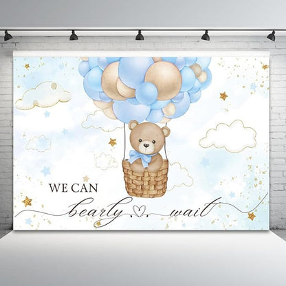 10x8ft Baby Shower Backdrop Bear Hot Air Balloon Photography Background Blue Brown Balloons White Cloud Glitter Gold Stars Birthday Party Banner Decorations Newborn Parties Photo Booth Prop