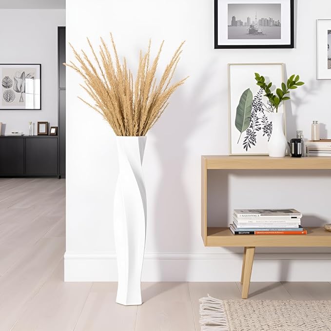 Tall Vases - 23.6" Tall Floor Vase for Home Decor, Floor Vases, Black Hexagon Twist Floor Vase, Fits Into Hay/Pampas Grass, Living Room, Office, Wedding Decor (White)