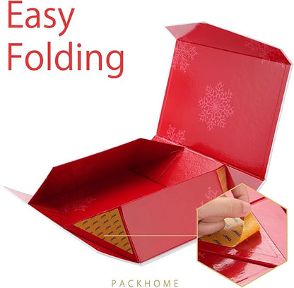 PACKHOME Large Christmas Gift Box 13.5x9x4.1 Inches, Sturdy Collapsible Gift Box with Magnetic Closure Lid (Red Snowflake Pattern)