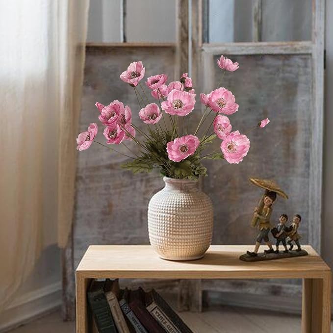 IPOPU Pink Artificial Poppy Silk Flowers 6pcs for Decoration - Faux Flowers With Stems for Wedding Centerpieces, Tables, Bridal Shower Party Decorations