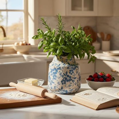 Blue and White Ceramic Vase, Vintage Floral Pottery Vase with Crackle Glaze, Rustic Terracotta Decorative Vase for Fresh Flowers, Greenery & Modern Farmhouse Home Décor