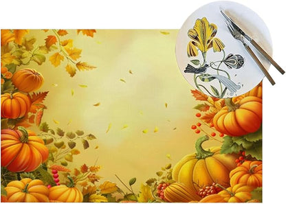 PVC Placemats Set of 4 Wipeable Table Mats Washable Heat Resistant Non Slip Vinyl Dining Table Mat for Kitchen Indoor Outdoor Patio Farmhouse Place Mats Thanksgiving Pumpkin Leaf Decorative