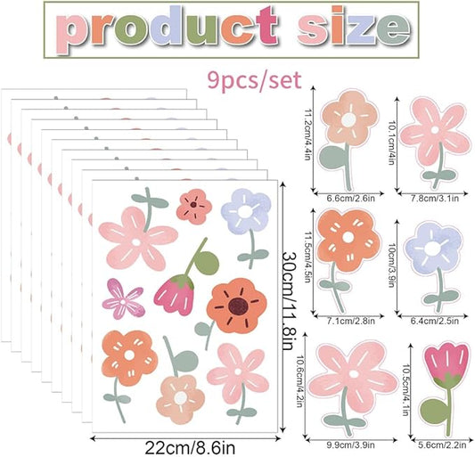 90PCS Pastel Floral Wall Decals – 10 Sheets Peel & Stick Vinyl Wall Stickers (Sizes 2.2"-4.5"), Pastel Removable Boho Aesthetic Flower Wall Art for Nursery, Kids Girls Bedroom, Dorm & Home Decor