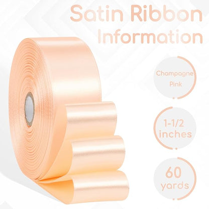 Champagne Pink Satin Ribbon 1-1/2 Inch x 60 Yards, Solid Polyester Fabric Ribbons for Flower Bouquet, Gift Wrapping, Handmade Roses, Crafts, Hair, Wedding