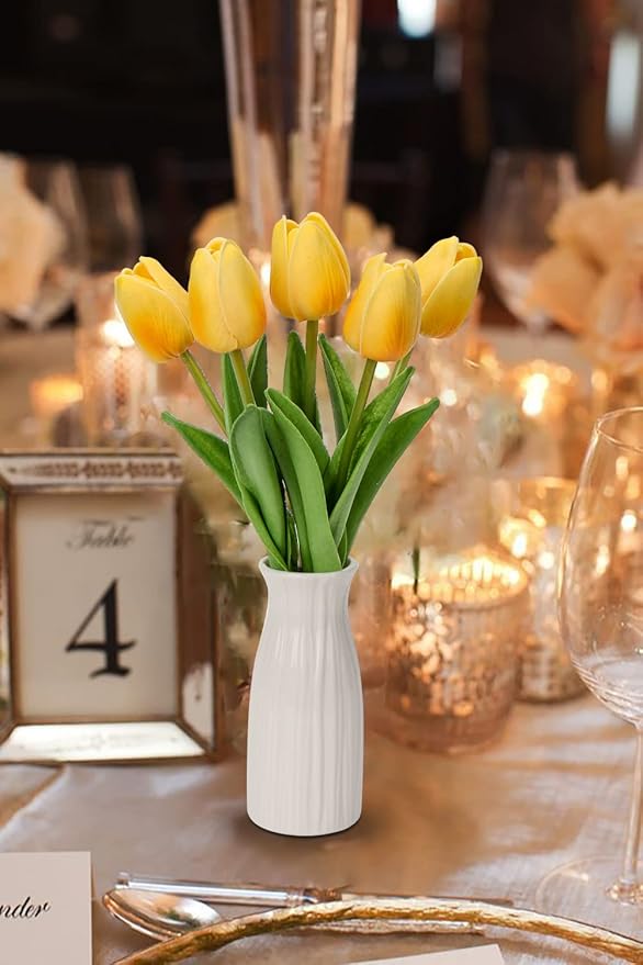 Briful 2 Packs Faux Flowers Artificial Tulips with Ceramic Vase, Poly Foam Yellow Tulips Real Touch Flower Arrangement for Home Kitchen Wedding Centerpiece Decoration