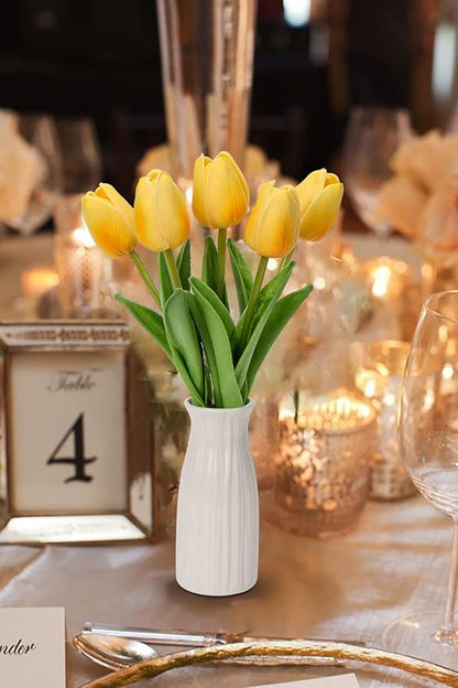 Briful 2 Packs Faux Flowers Artificial Tulips with Ceramic Vase, Poly Foam Yellow Tulips Real Touch Flower Arrangement for Home Kitchen Wedding Centerpiece Decoration