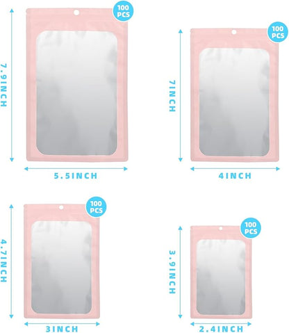 400 Pack 4 Size Bags with Clear Window,Scratch Resistant Hand Holographic Packaging Pouch,Resealable Bag for Small Bussiness Cookies Jewelry Candy Sample (Pink, 2.4×3.9,3x4.7,4×7,5.5×7.9 inch)