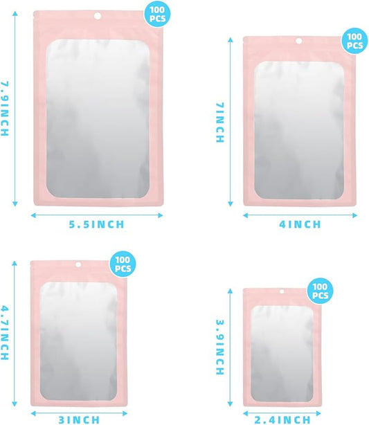 400 Pack 4 Size Bags with Clear Window,Scratch Resistant Hand Holographic Packaging Pouch,Resealable Bag for Small Bussiness Cookies Jewelry Candy Sample (Pink, 2.4×3.9,3x4.7,4×7,5.5×7.9 inch)