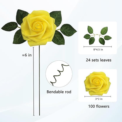 JOYLEX Artificial Flowers Yellow Realistic Roses, Real Looking Fake Roses with Stem for DIY Wedding Bouquets Centerpieces Bridal Shower Party Home Romantic Decorations (Yellow, 100pcs)