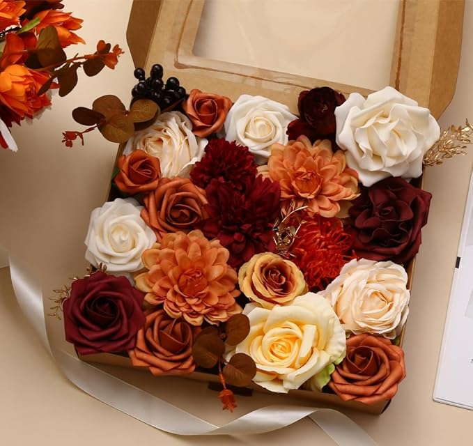 Artificial Flowers Combo Box for DIY Wedding Bouquet Arrangement, Silk Faux Flower for Bridal Table Centerpieces Party Cake Baby Shower（Orange & Burgundy）