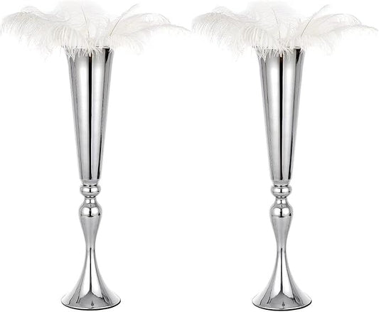 Set of 2 Versatile Metal Tabletop Flower Stands, Silver Dining Table Centerpiece Vases, 21.9" Tall Trumpet Vases for Wedding Birthday Ceremony Party Special Event Home Décor