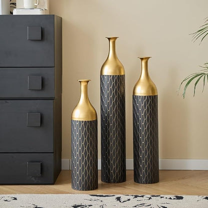 Floor Oversized Gold Metal Decorative Vase with 3D Triangle Pattern Set of 3 Large Vases for Home Living Room 33.5 ", 29.5 ", 25.2" High (Matte Black)