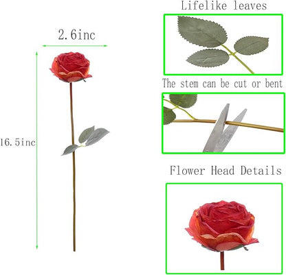 Kimura's Cabin 12pcs Lifelike Faux Silk Roses Flowers Vintage Artificial Rose with Stem Bouquet Fake Roses Dried Flower for Valentines Home Table Centerpiece Wedding Party DIY Decoration(Orange red)