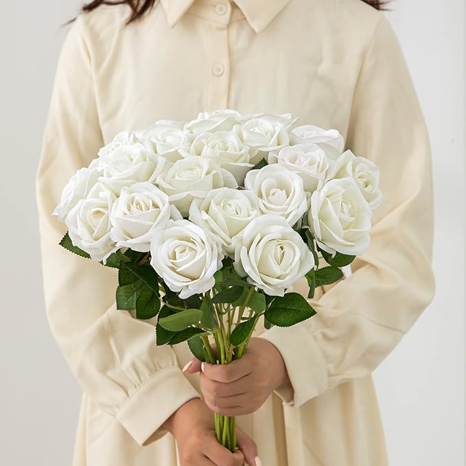 Hawesome Fake Roses Artificial Silk Flowers - 12 Pcs White Roses Artificial Faux Flowers with Stems for Home Wedding Centerpiece Hotel Office Decor