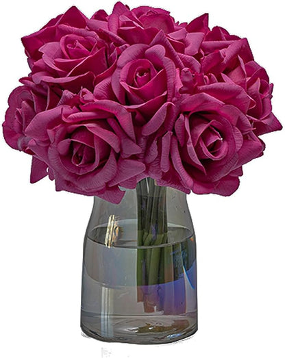 Artificial Roses Single Stem 10pcs Fake Silk Flower Arrangement Bouquet Real Touch for Home Party Wedding Decoration(Rose red)