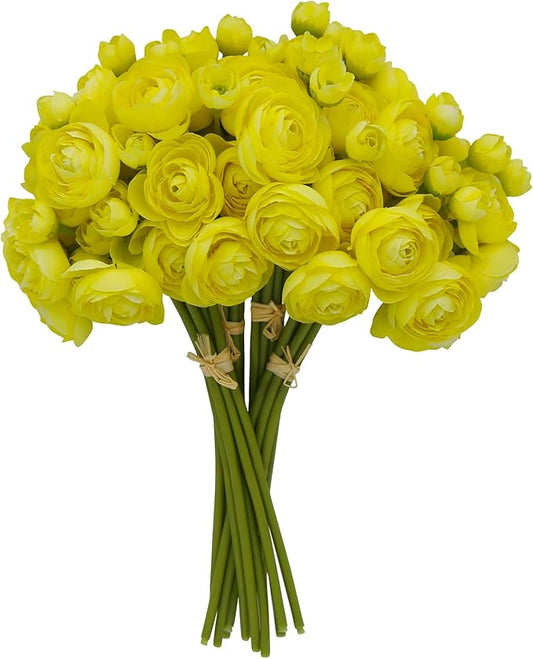24 Pcs Ranunculus Yellow Artificial Flowers 10.5", Mini Faux Silk Ranunculus with Stem, Fake Flowers for Home Decor Indoor Wedding Bouquets Centerpieces (Light Yellow)