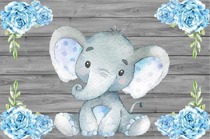 AOFOTO 12x10ft Elephant Rustic Grey Wooden Backdrop for Boy Baby Shower Watercolor Blue Floral Cartoon Animal Gender Reveal Photography Background It's a Boy Newborn Kids Birthday Party Decoration